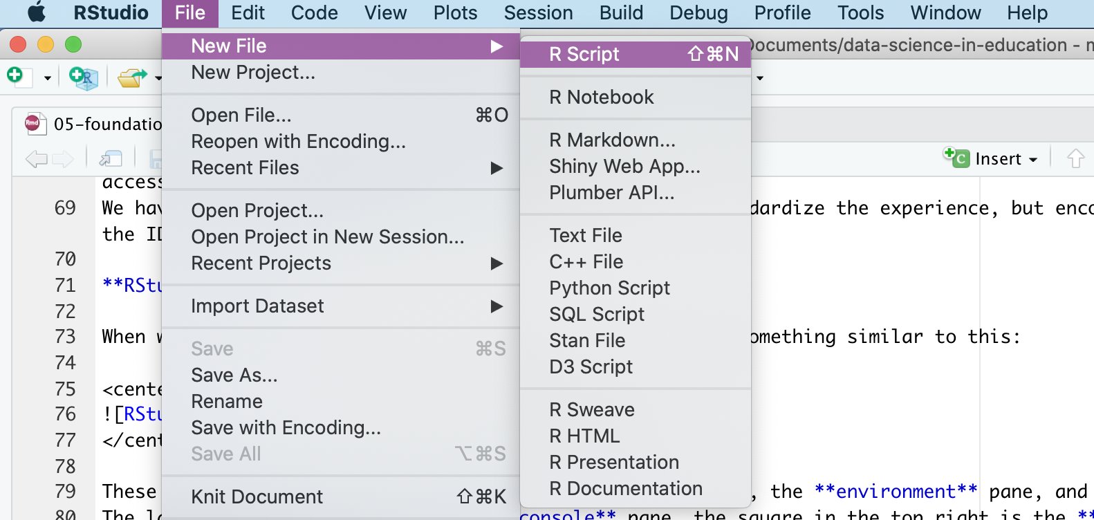 Creating a New Script in RStudio by going to file then R script