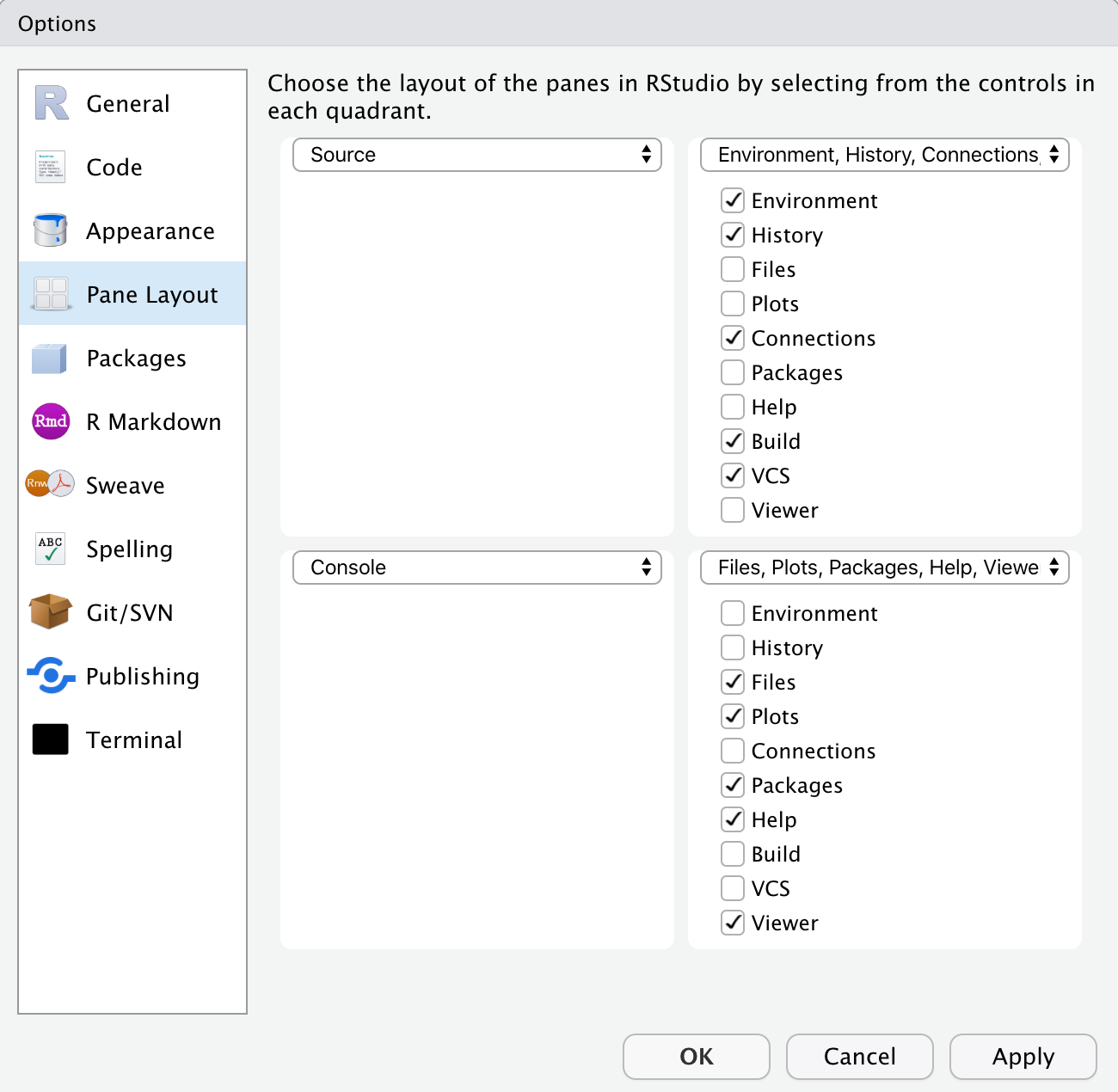 Pane Layout Options within RStudio